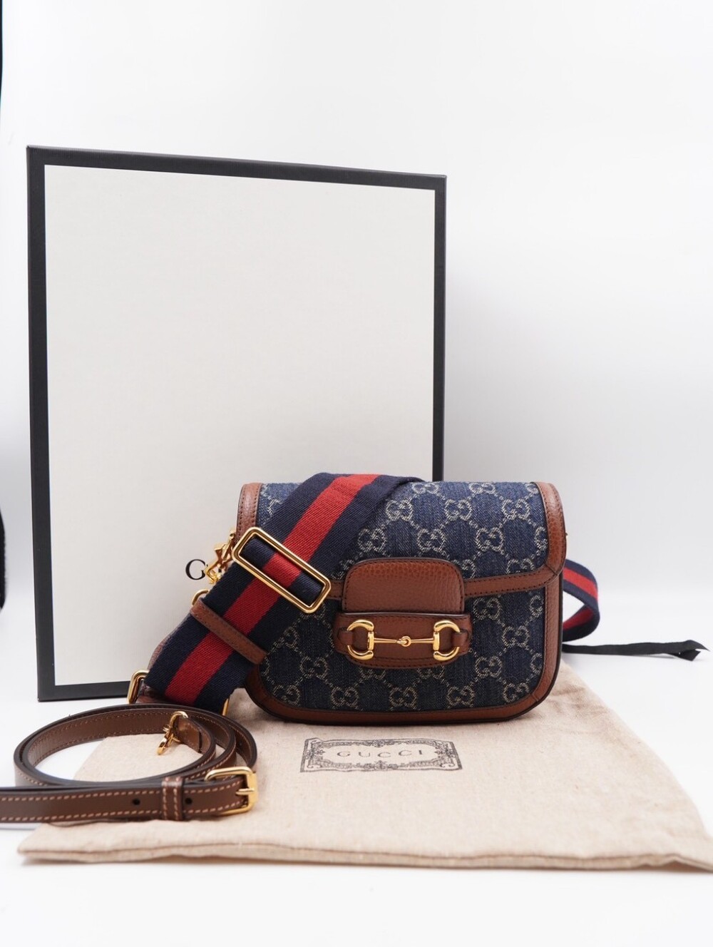 CN10 💗 GUCCI New Denim GG Monogram Calfskin Web Horsebit